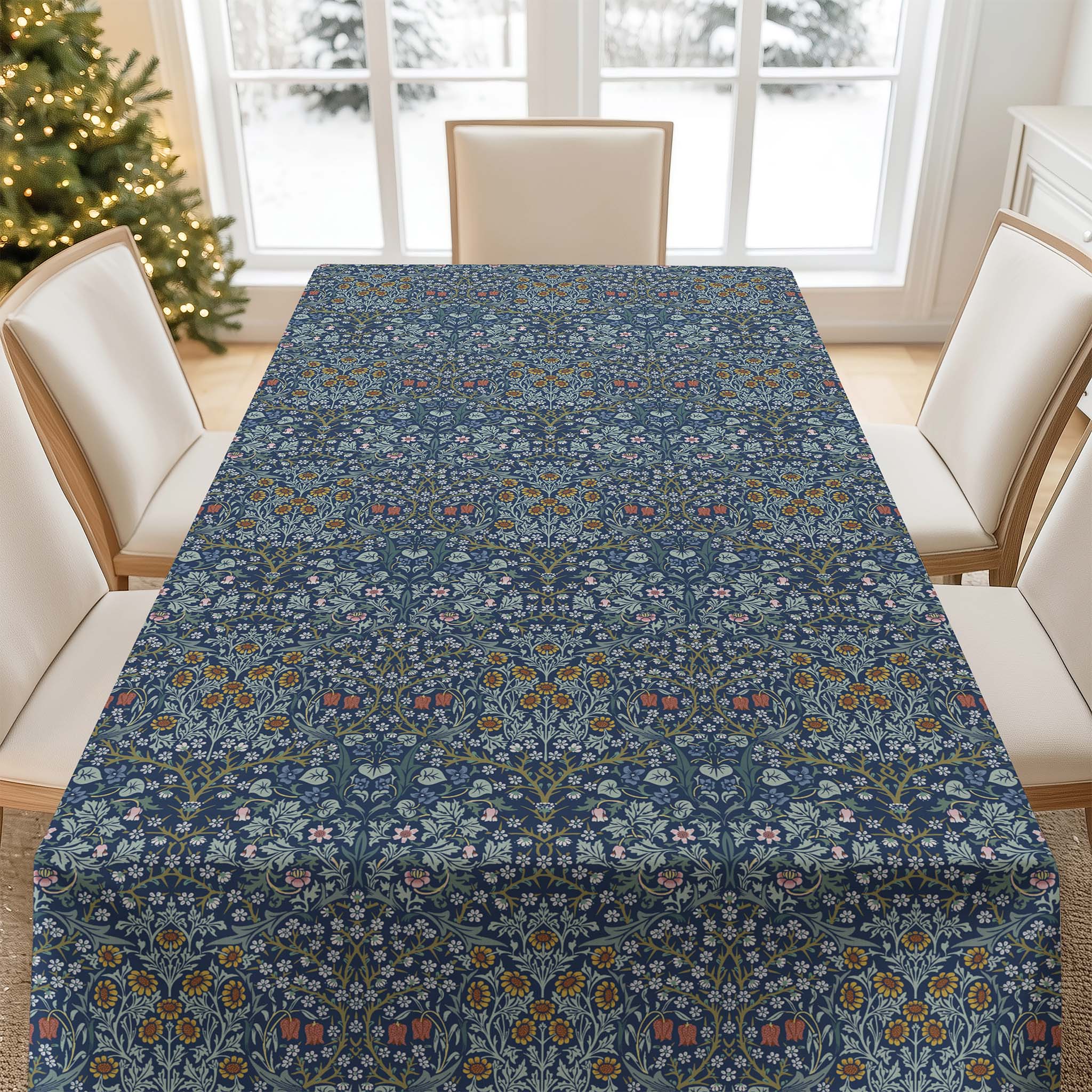 Blackthorn tablecloth by William Morris in Dusky Blue Garden colorway featuring classic botanical design, ideal for heritage interiors and vintage-inspired table settings.