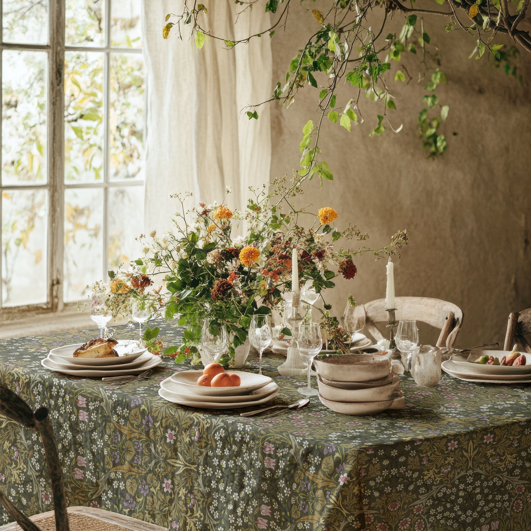 Maroon Blackthorn tablecloth featuring a timeless William Morris Arts and Crafts botanical pattern, perfect for farmhouse dining tables and heritage revival interiors.