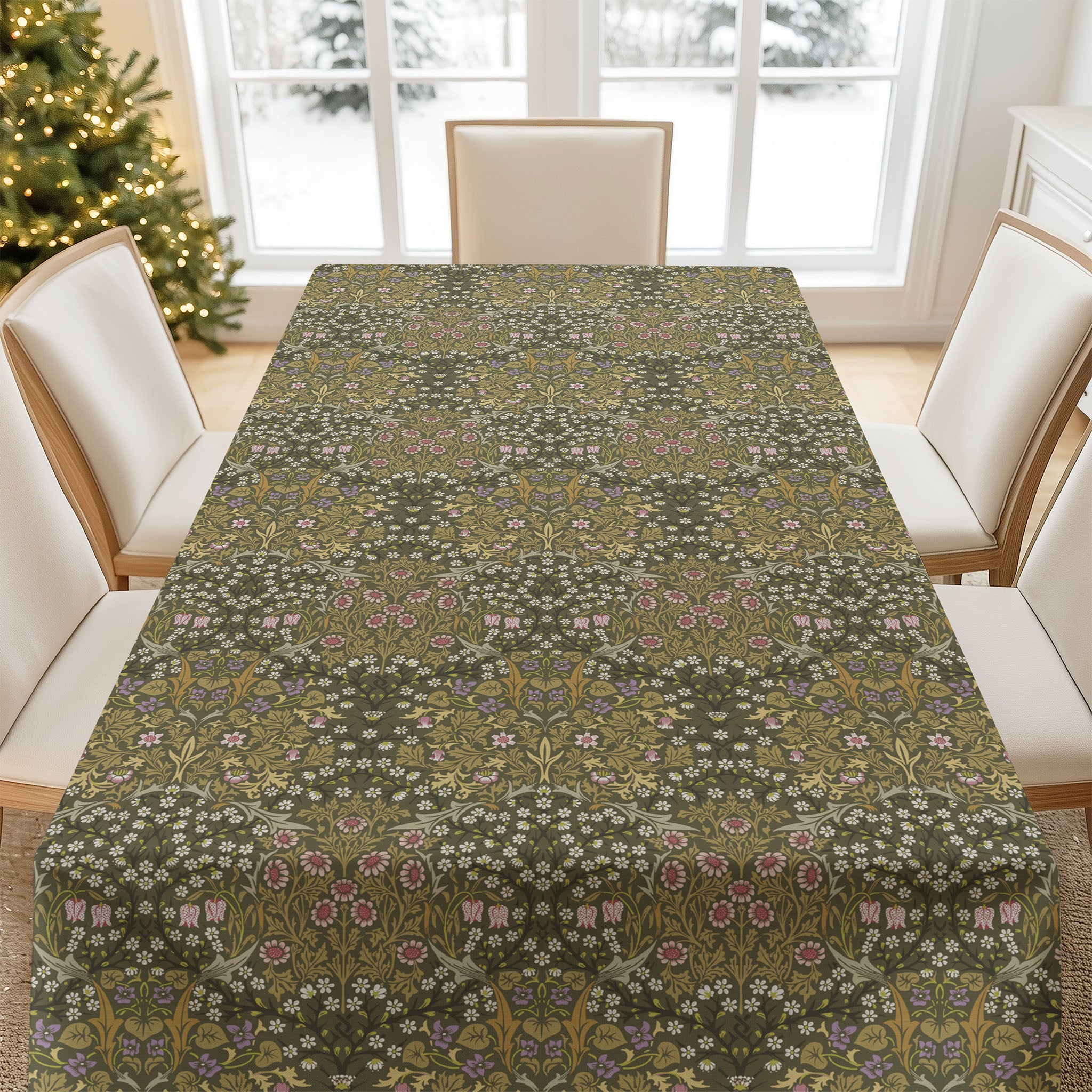 Blackthorn tablecloth by William Morris in a olive green featuring classic botanical design, ideal for heritage interiors and vintage-inspired table settings.