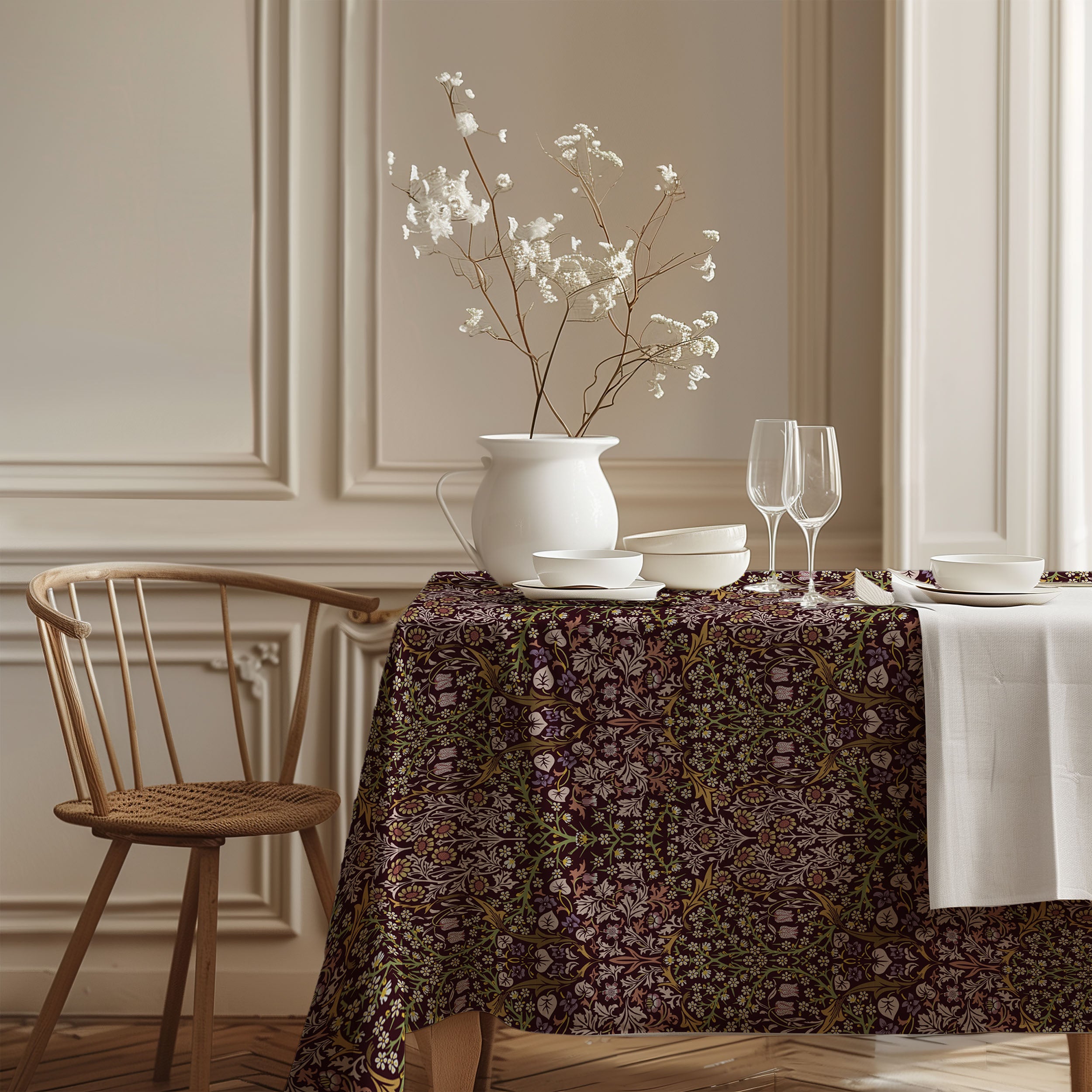 William Morris Blackthorn maroon tablecloth with detailed botanical floral pattern inspired by the Arts and Crafts movement, perfect for cottagecore and traditional dining decor.