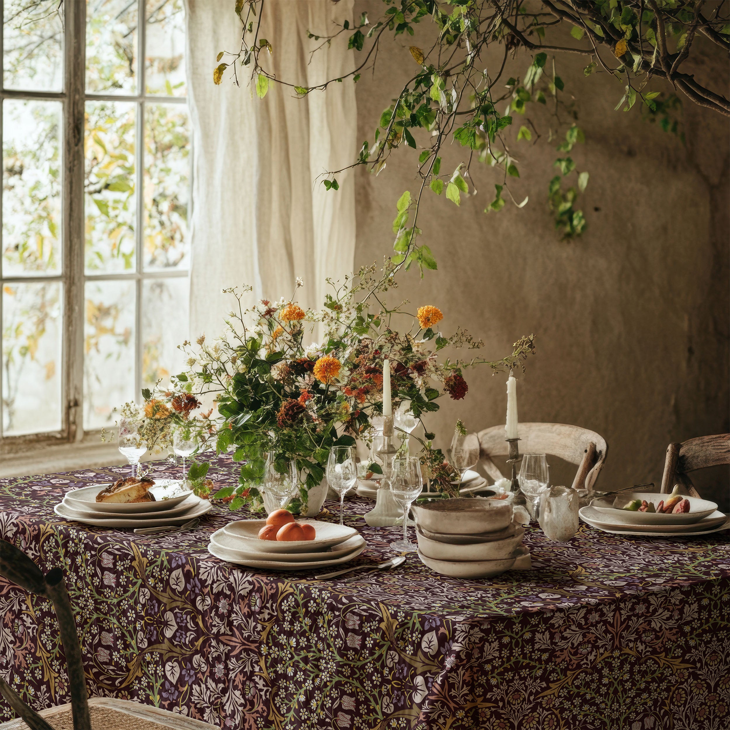 William Morris Blackthorn botanical tablecloth in maroon, showcasing classic Arts and Crafts floral design for elegant dining and vintage-inspired decor.