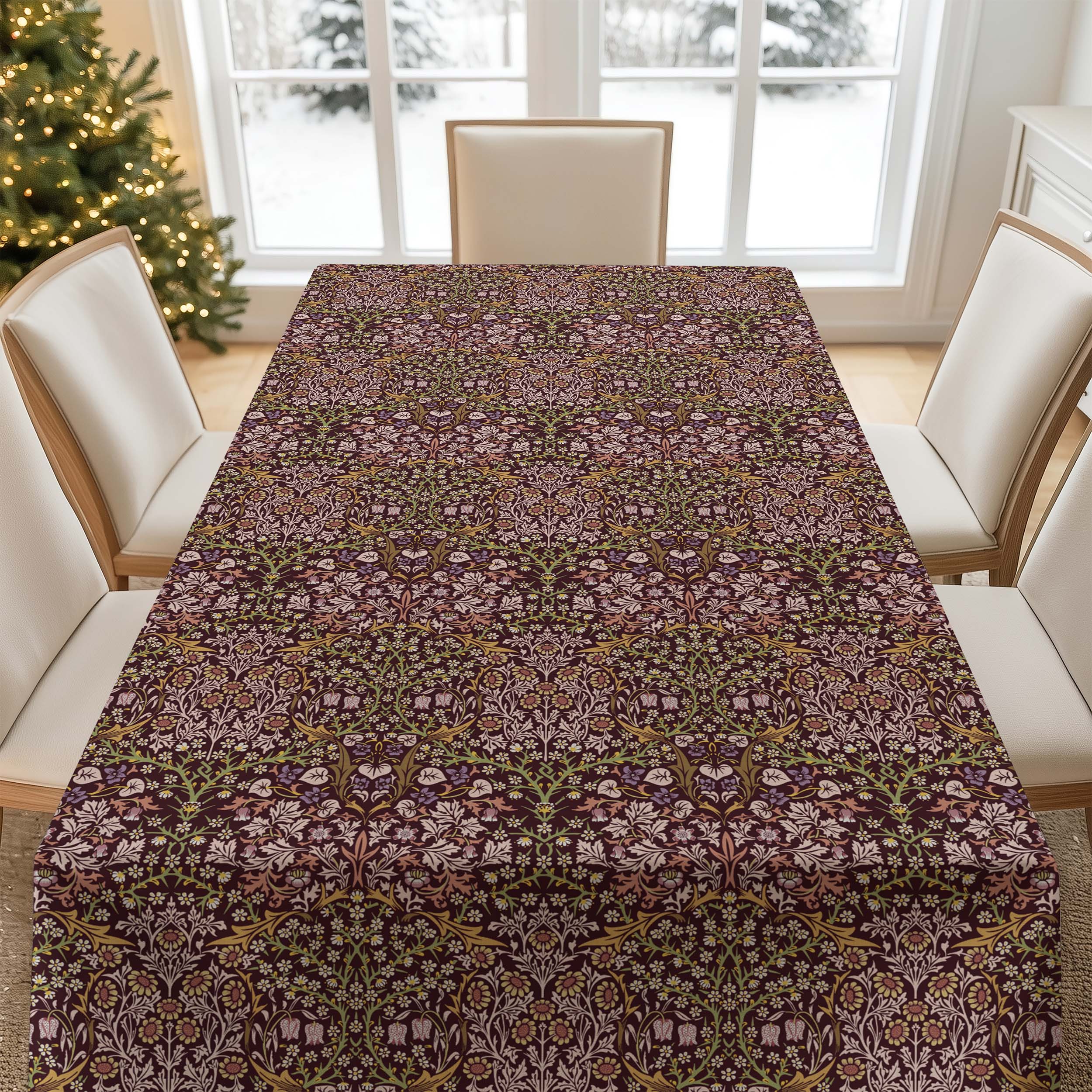 Blackthorn tablecloth by William Morris in a rich maroon colorway featuring classic botanical design, ideal for heritage interiors and vintage-inspired table settings.