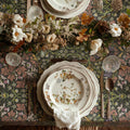 William Morris Blackthorn tablecloth in earth tone Secret Garden featuring an intricate Arts and Crafts botanical pattern, styled for heritage revival dining tables and English country decor.