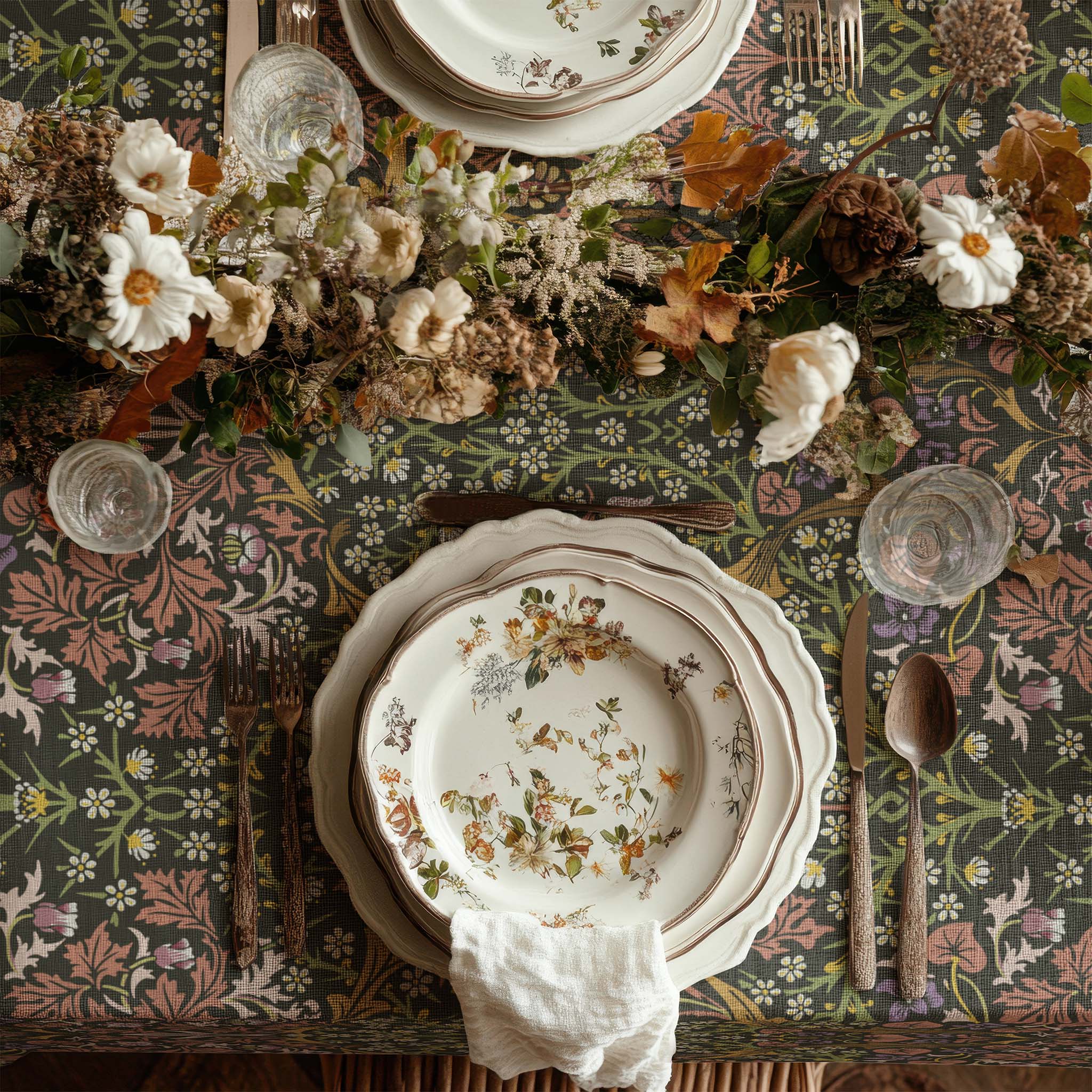 William Morris Blackthorn tablecloth in earth tone Secret Garden featuring an intricate Arts and Crafts botanical pattern, styled for heritage revival dining tables and English country decor.