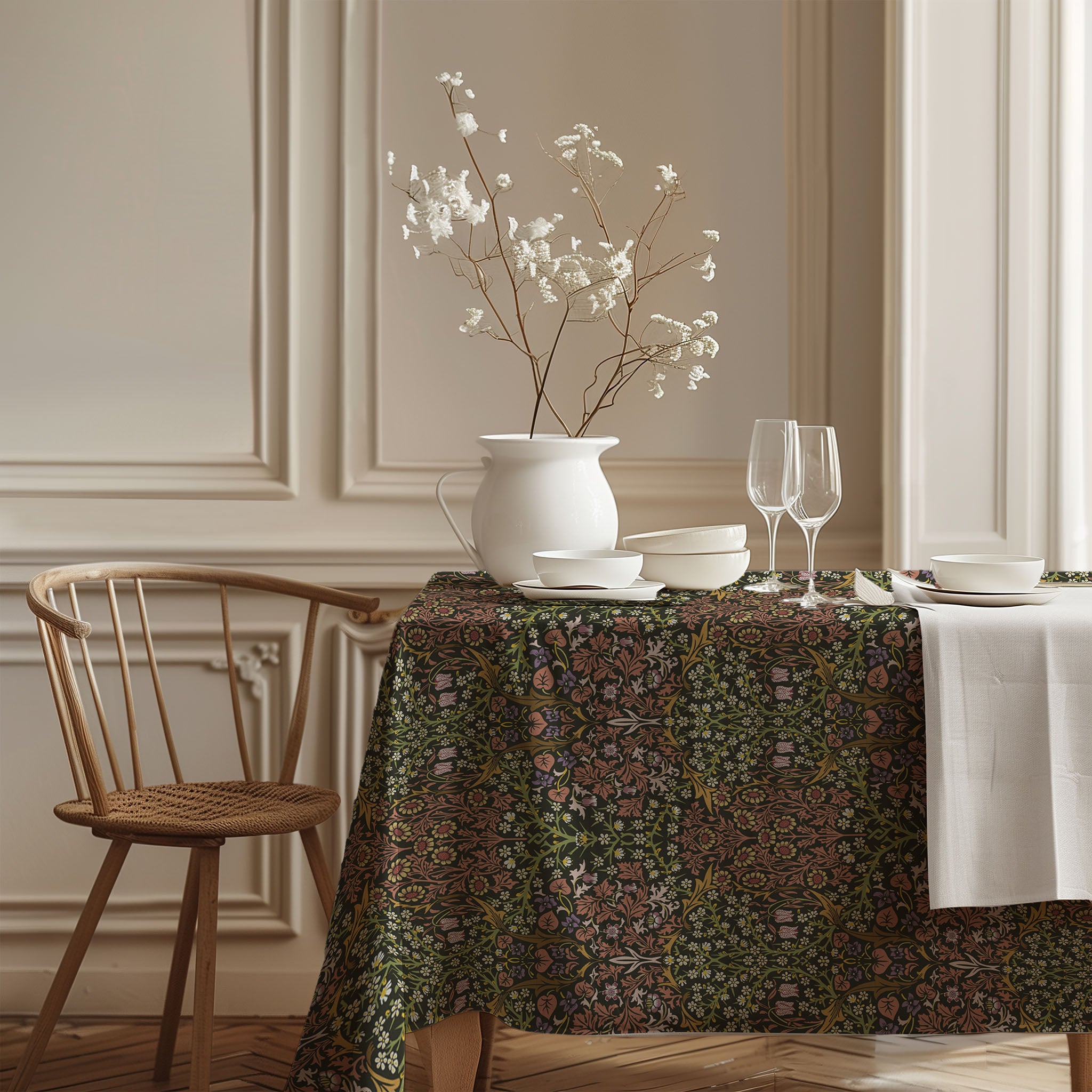 William Morris Blackthorn earth tone tablecloth with detailed botanical floral pattern inspired by the Arts and Crafts movement, perfect for cottagecore and traditional dining decor.