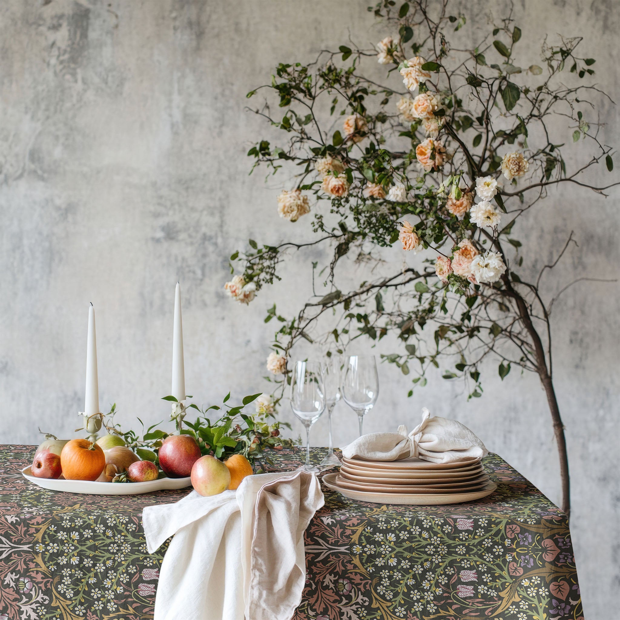 William Morris Blackthorn tablecloth in earth tone Secret Garden colorway with intricate vines and floral motifs, styled for cottagecore tablescapes and English country dining rooms.