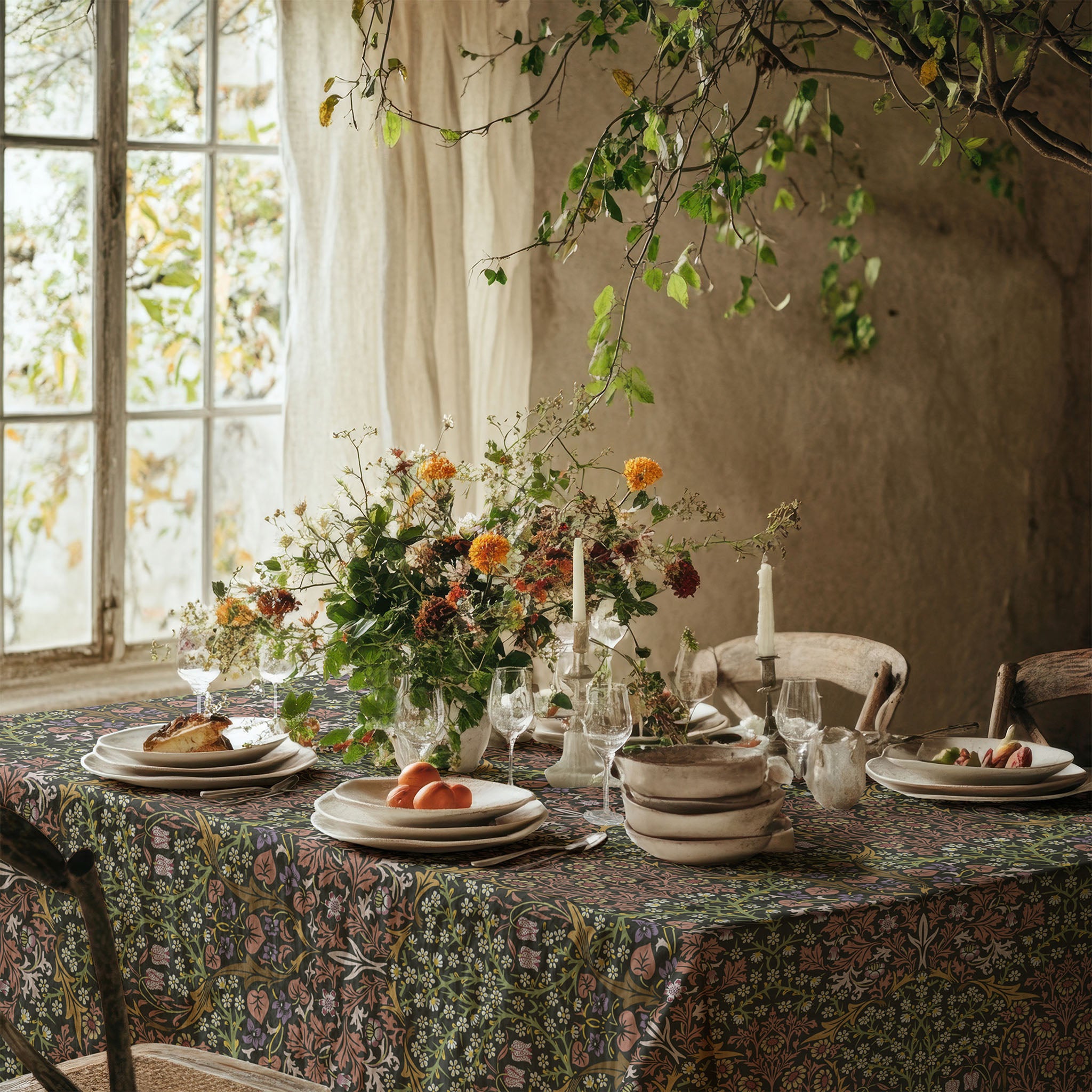 Earth Tone Secret Garden Blackthorn tablecloth featuring a timeless William Morris Arts and Crafts botanical pattern, perfect for farmhouse dining tables and heritage revival interiors.