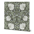 William Morris Pimpernel wallpaper featuring an intricate Arts and Crafts botanical pattern with flowing vines and stylized flowers, perfect for heritage revival interiors and classic English country decor.