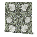 William Morris Pimpernel wallpaper featuring an intricate Arts and Crafts botanical pattern with flowing vines and stylized flowers, perfect for heritage revival interiors and classic English country decor.