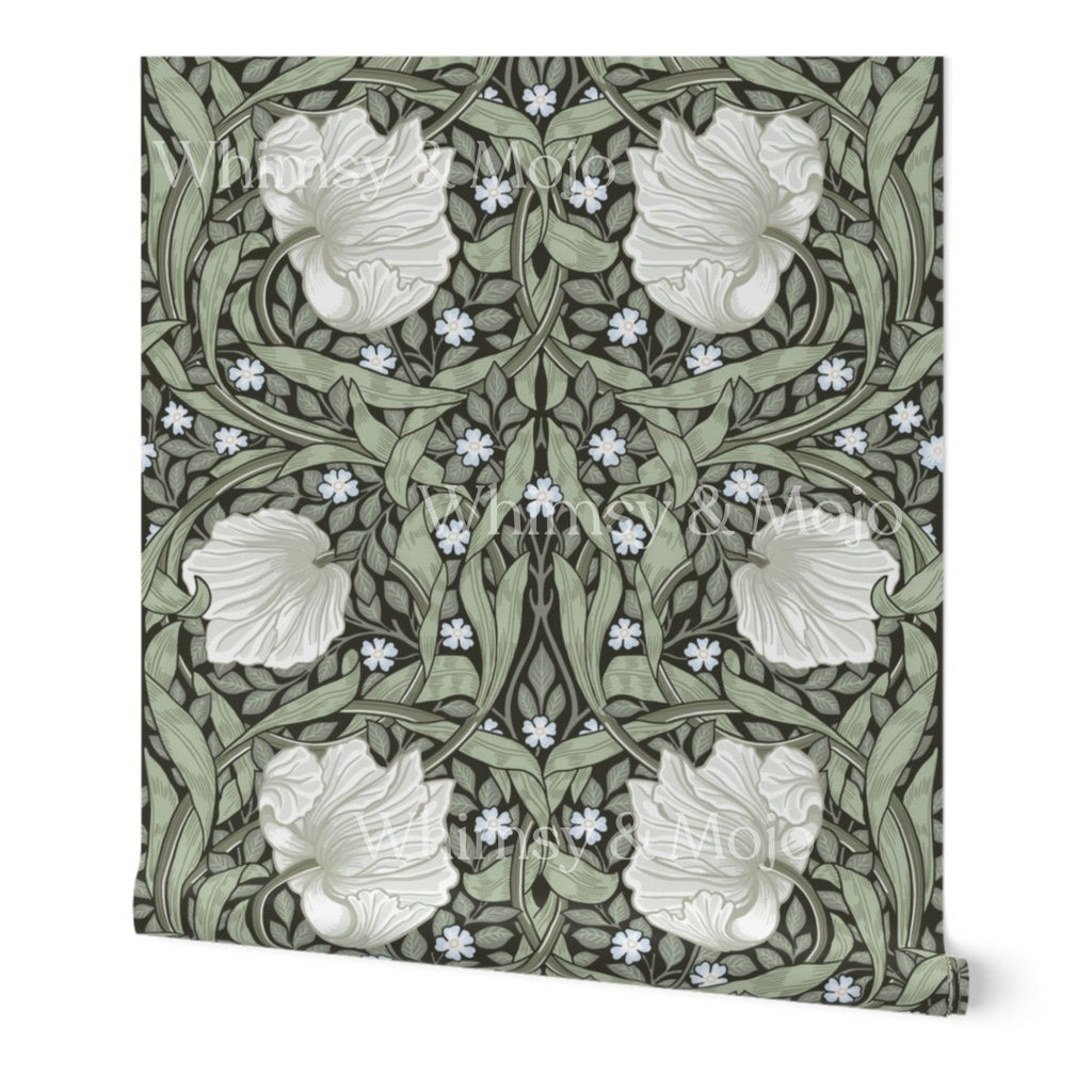 William Morris Pimpernel wallpaper in Dreamy Sage, Arts and Crafts botanical pattern with flowing vines and stylized flowers.