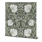 William Morris Pimpernel wallpaper in Dreamy Sage, Arts and Crafts botanical pattern with flowing vines and stylized flowers.