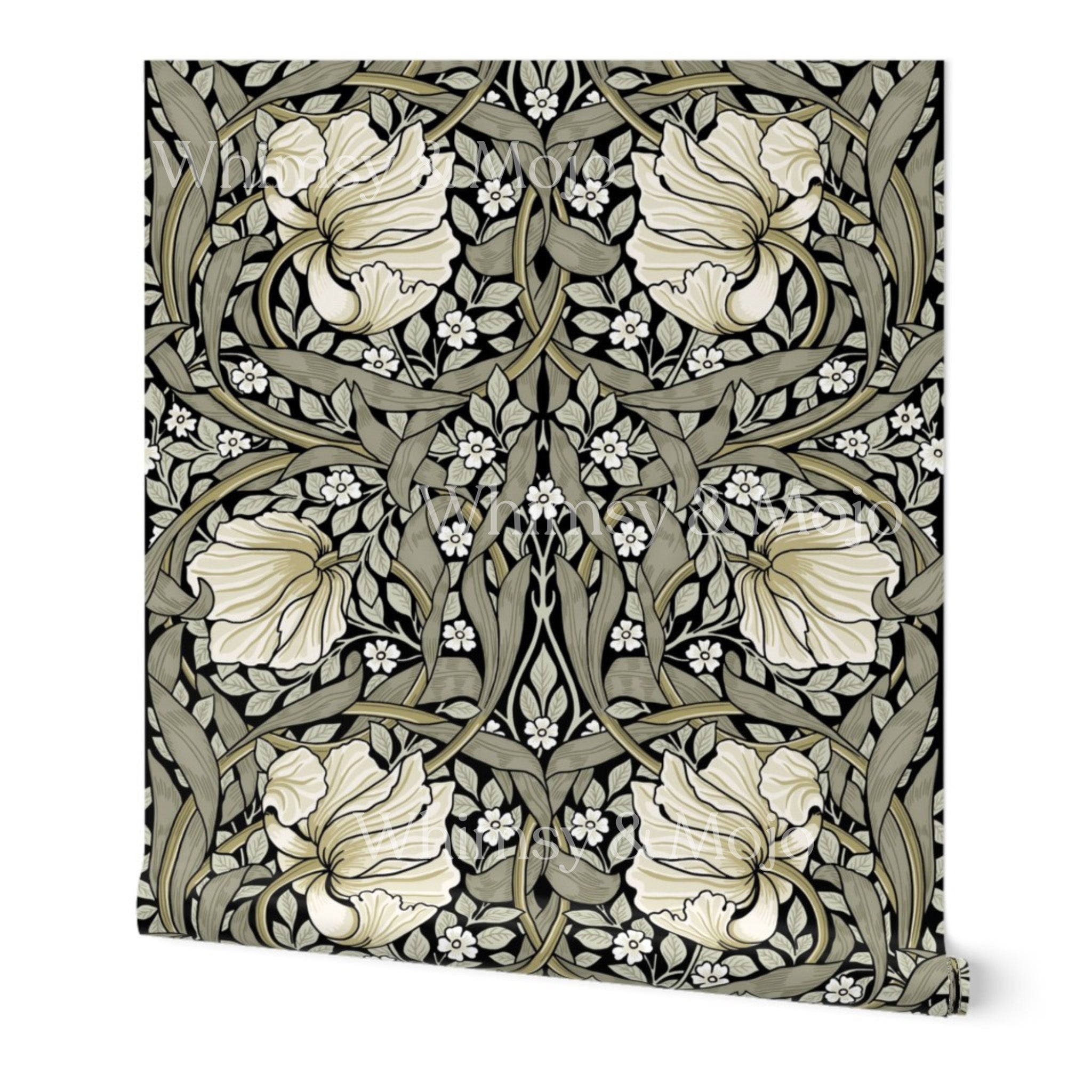 William Morris Pimpernel wallpaper featuring an intricate Arts and Crafts botanical pattern with flowing vines and stylized flowers, perfect for heritage revival interiors and classic English country decor.