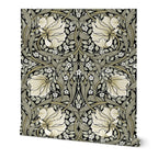 William Morris Pimpernel wallpaper in Sage & Cream on Ebony, Arts and Crafts botanical pattern with flowing vines and stylized flowers.