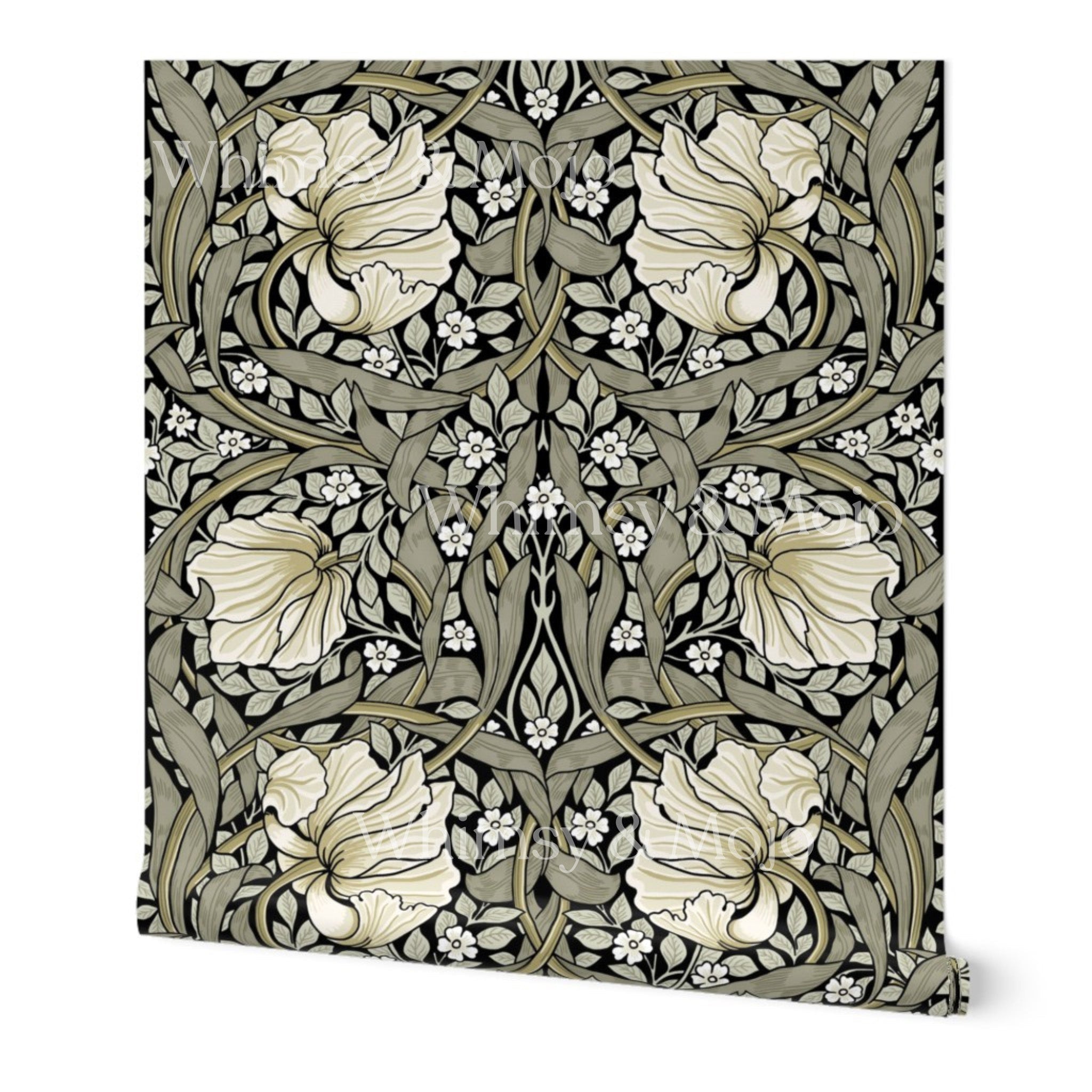 William Morris Pimpernel wallpaper in Sage & Cream on Ebony, Arts and Crafts botanical pattern with flowing vines and stylized flowers.