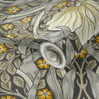 Close-up detail of William Morris Pimpernel wallpaper in Heritage Greige and Ochre, showing botanical flowers and vines.