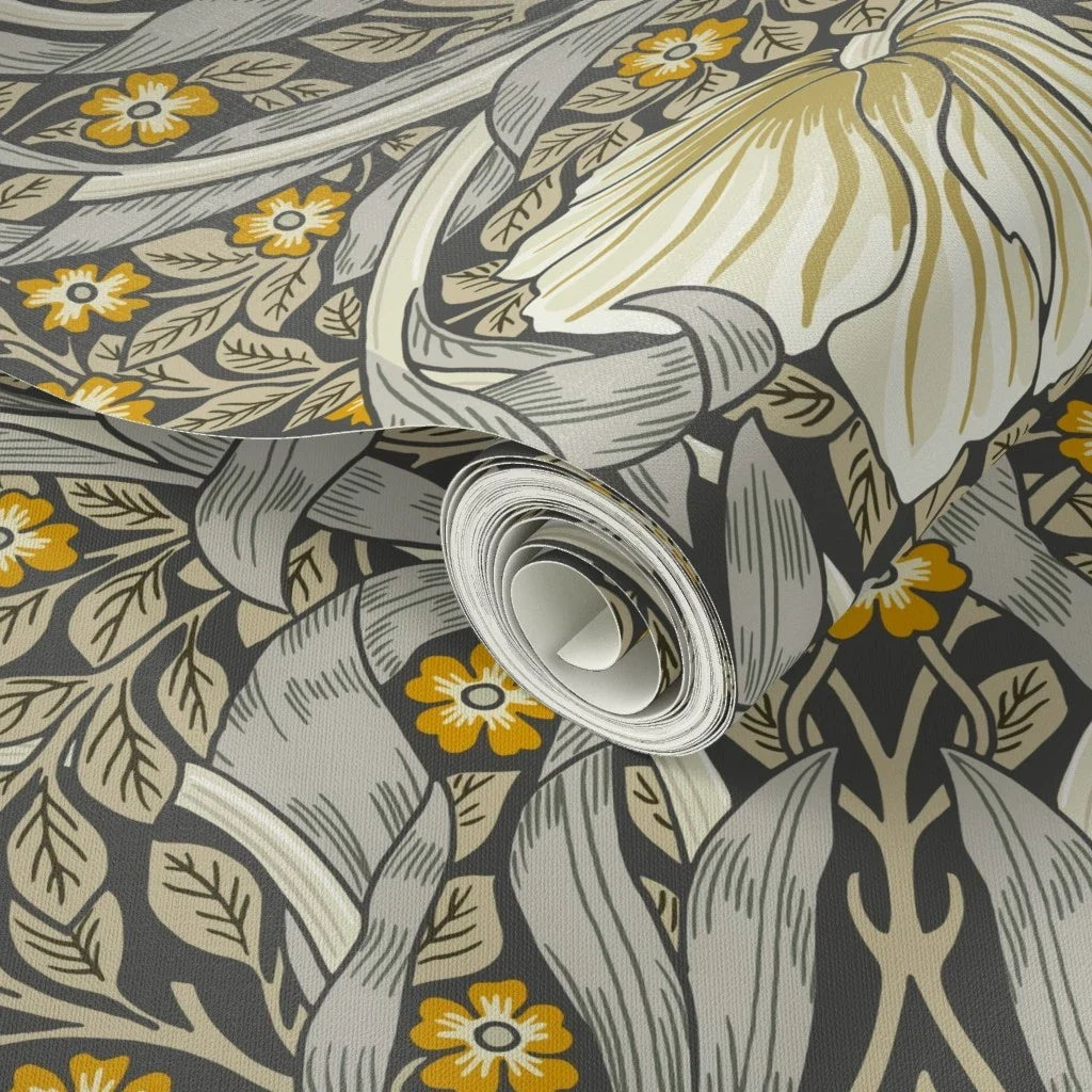 Close-up detail of William Morris Pimpernel wallpaper in Heritage Greige and Ochre, showing botanical flowers and vines.