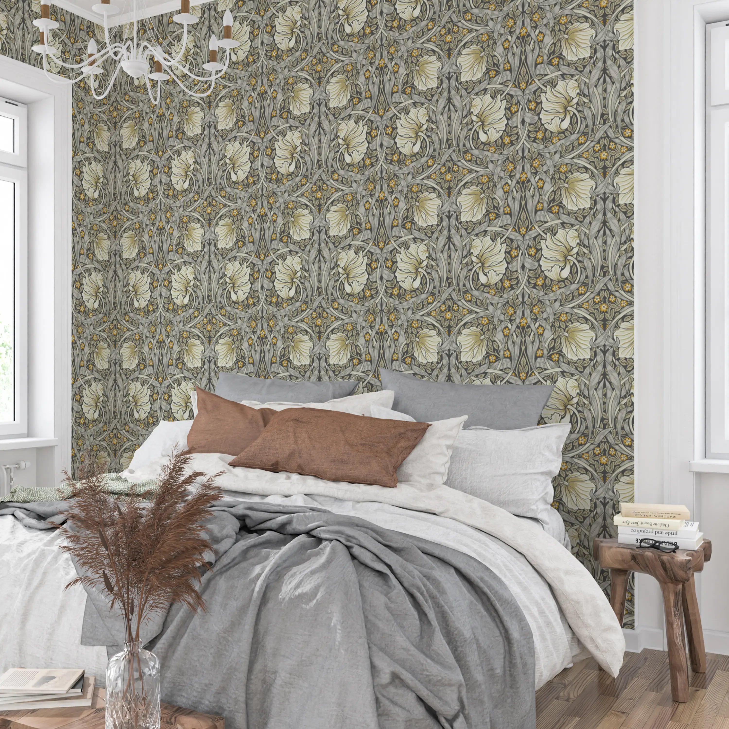 Bedroom styled with William Morris Pimpernel wallpaper in Heritage Greige and Ochre behind the bed.