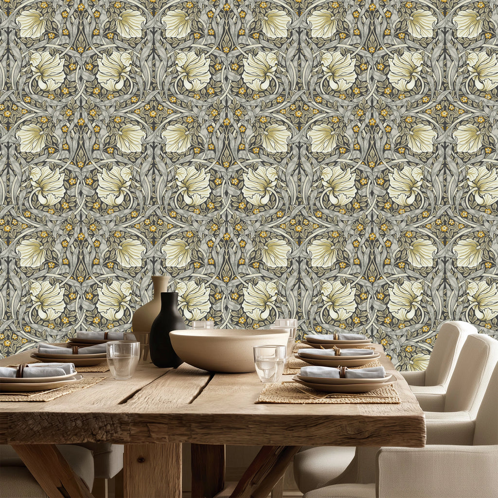 William Morris Pimpernel wallpaper styled in a dining room with wooden table and classic decor, showcasing the timeless Arts and Crafts botanical pattern in a heritage revival interior.