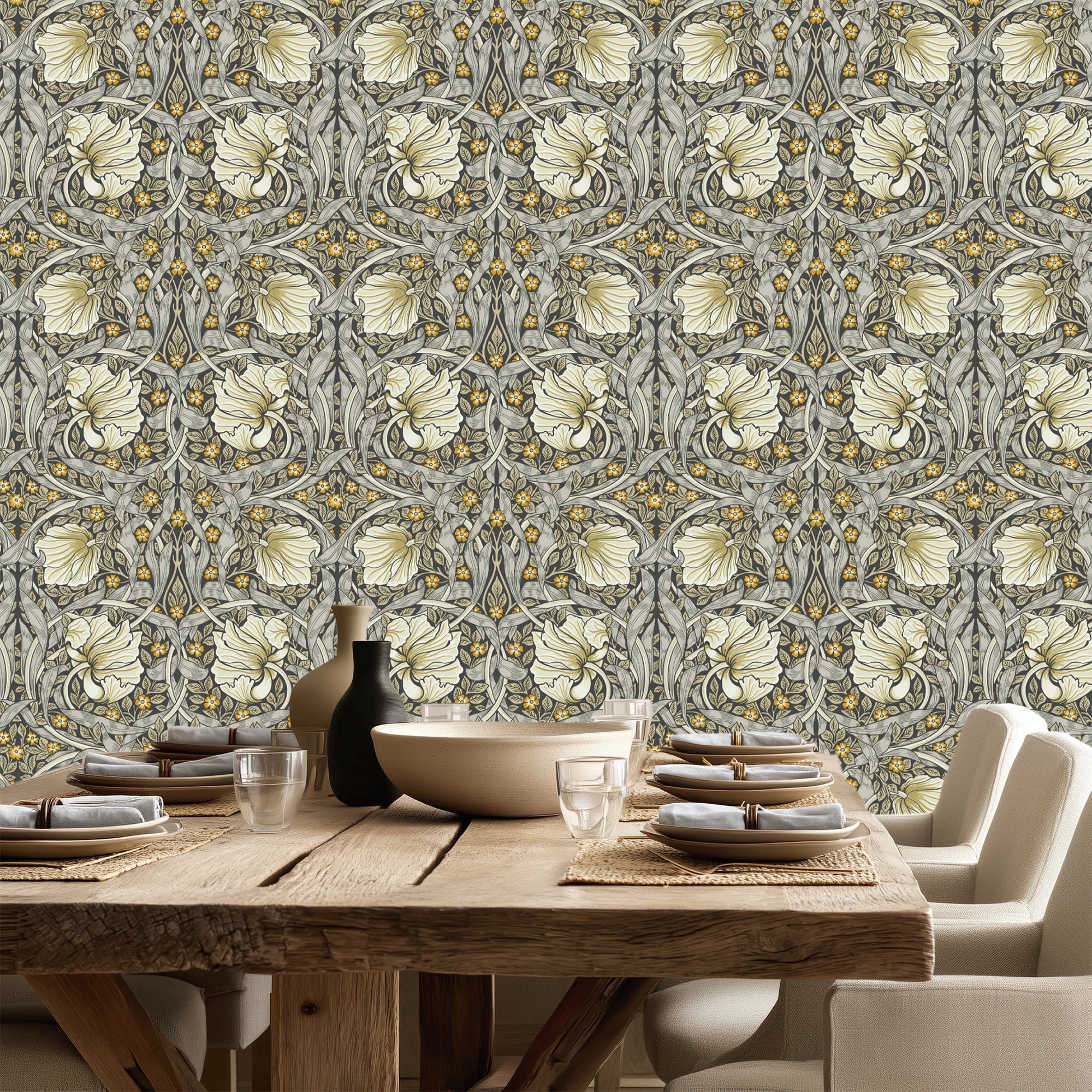 William Morris Pimpernel wallpaper styled in a dining room with wooden table and classic decor, showcasing the timeless Arts and Crafts botanical pattern in a heritage revival interior.