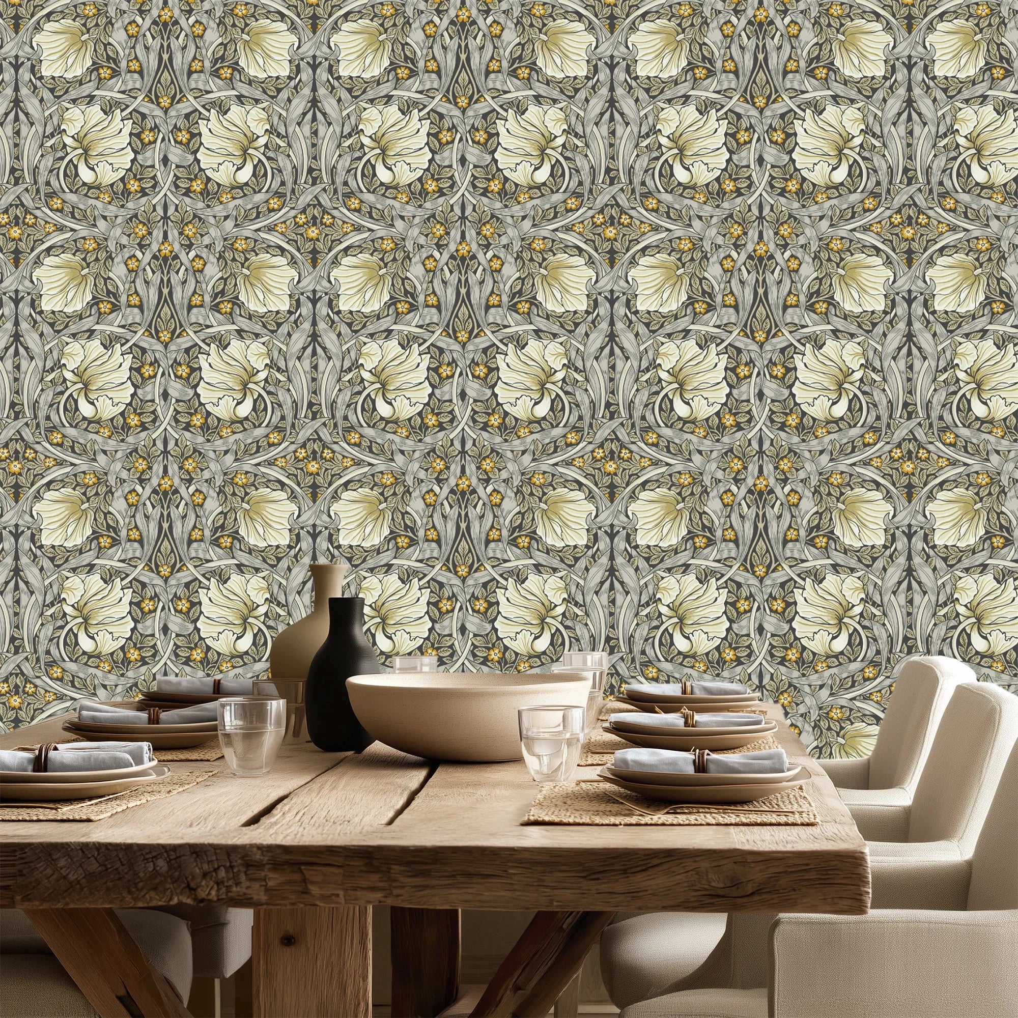 Dining room with wooden table and William Morris Pimpernel wallpaper in Heritage Greige and Ochre.