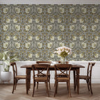Dining space set against William Morris Pimpernel wallpaper in Heritage Greige and Ochre.