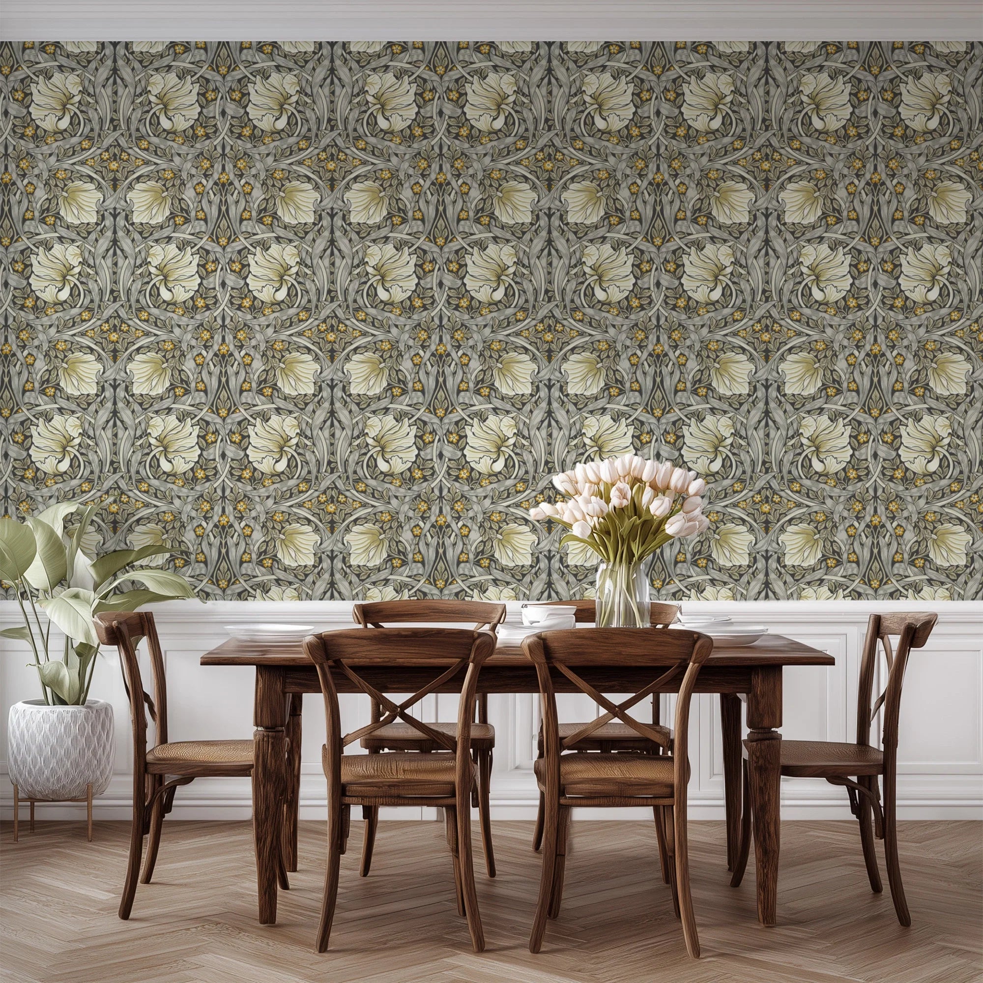 Dining space set against William Morris Pimpernel wallpaper in Heritage Greige and Ochre.