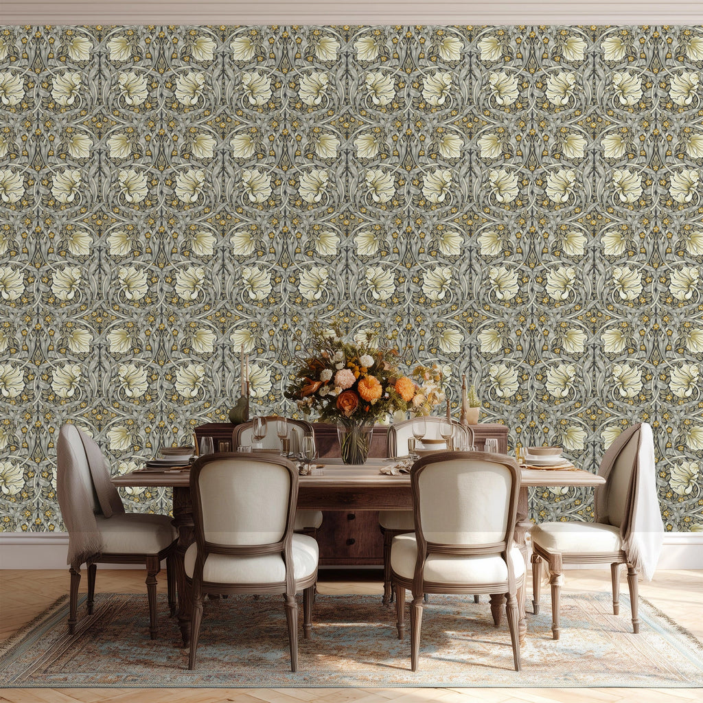 Dining room featuring William Morris Pimpernel wallpaper in Heritage Greige and Ochre as a full statement wall.
