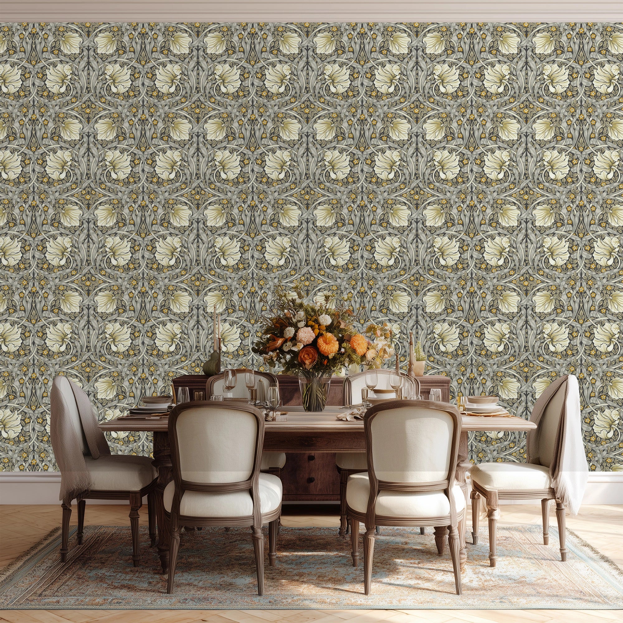 Dining room featuring William Morris Pimpernel wallpaper as a full statement wall, illustrating the classic Arts and Crafts botanical pattern in a heritage inspired interior.