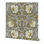 William Morris Pimpernel wallpaper in Heritage Greige and Ochre, Arts and Crafts botanical pattern with flowing vines and stylized flowers.
