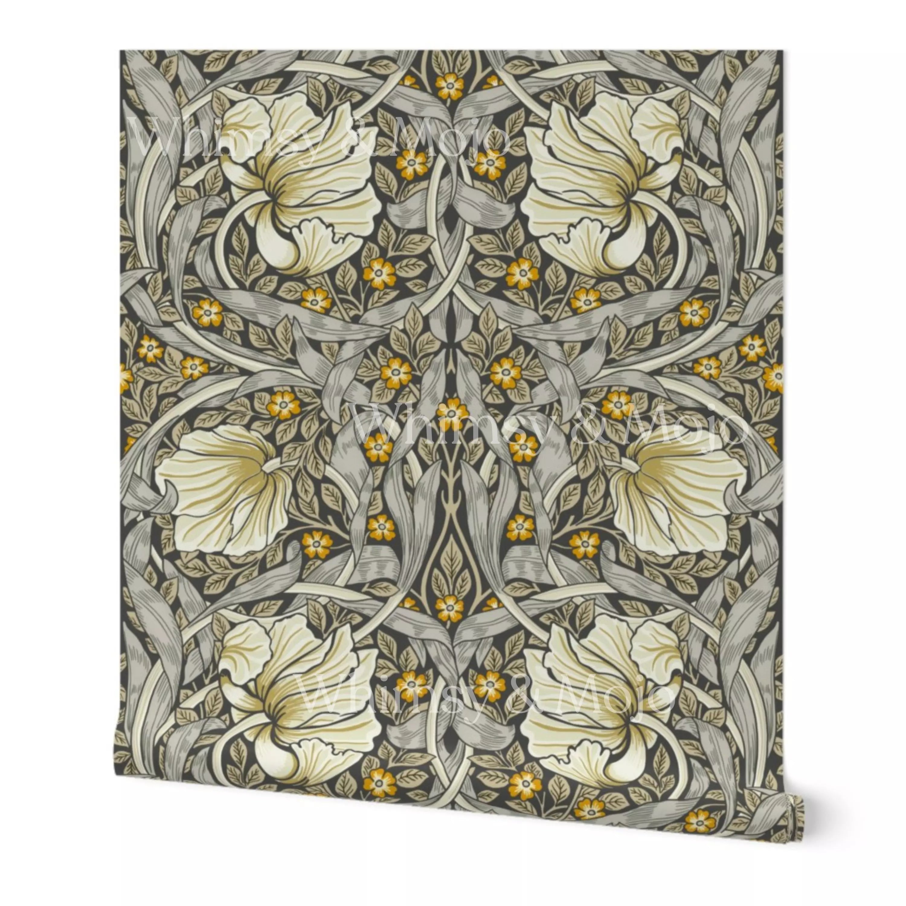 William Morris Pimpernel wallpaper in Heritage Greige and Ochre, Arts and Crafts botanical pattern with flowing vines and stylized flowers.
