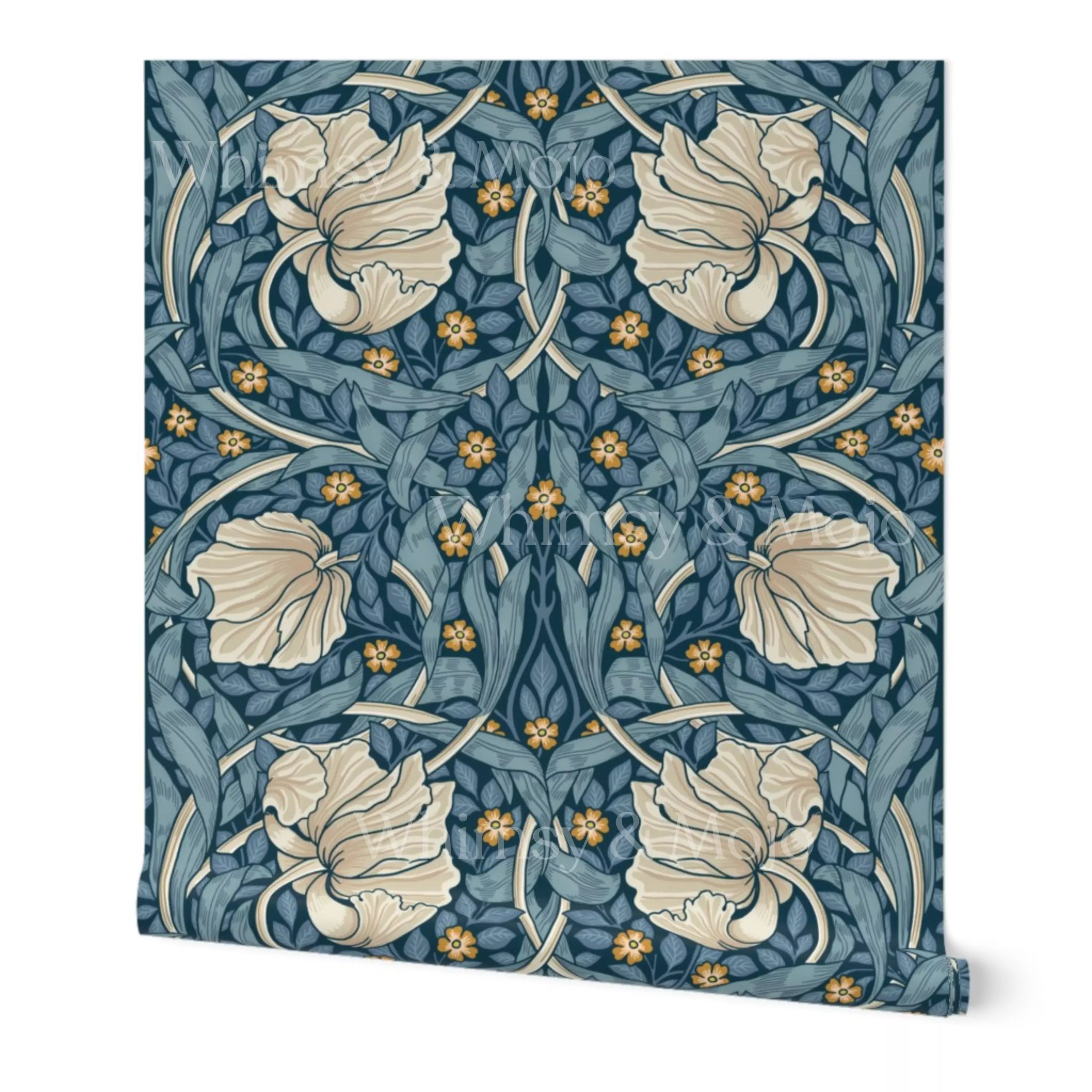 William Morris Wallpaper - Pimpernel in Heritage Blue botanical Arts and Crafts wallpaper