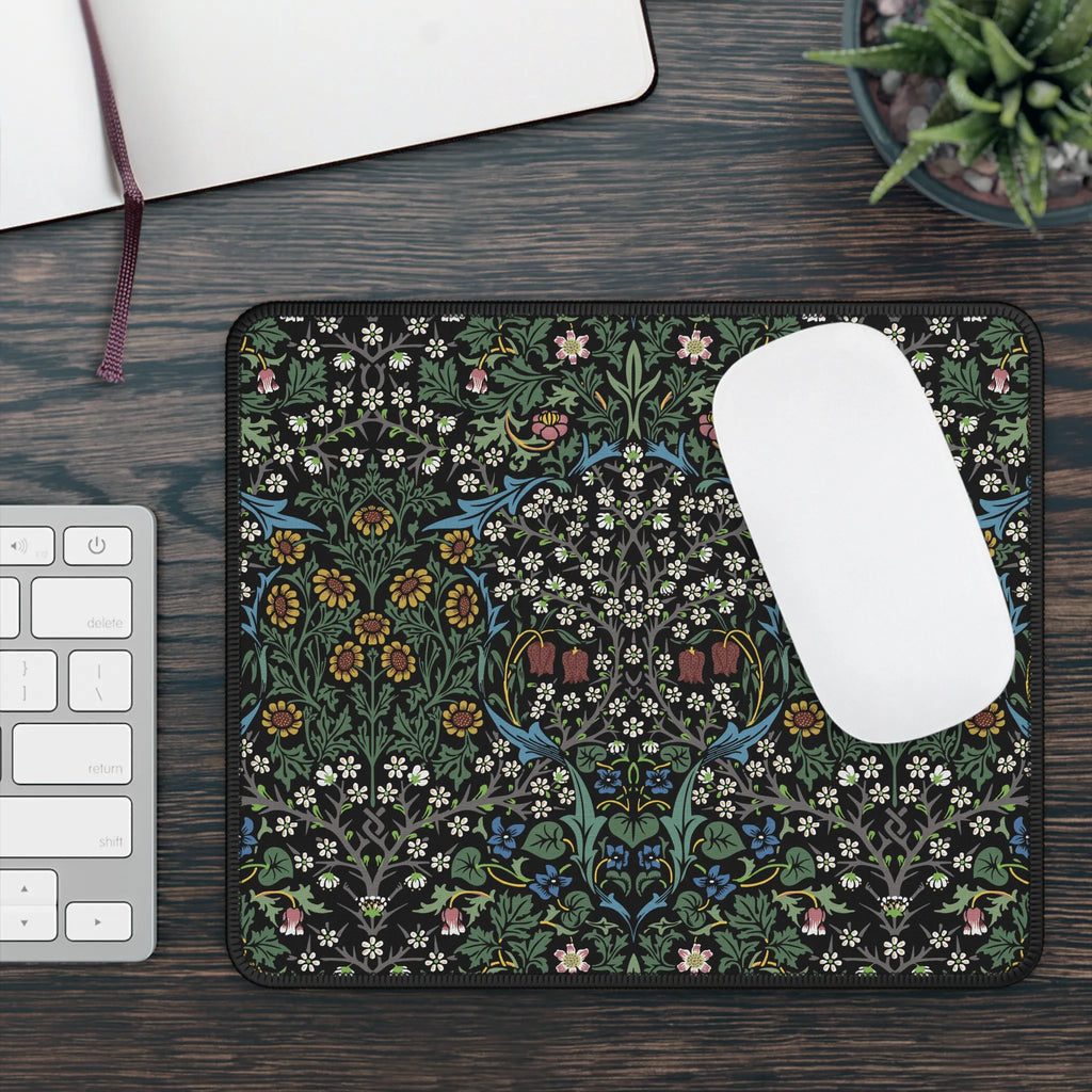 William Morris mousepad in Blackthorn, styled with a laptop and accessories, showcasing a timeless Arts and Crafts floral design for elegant workspace decor.