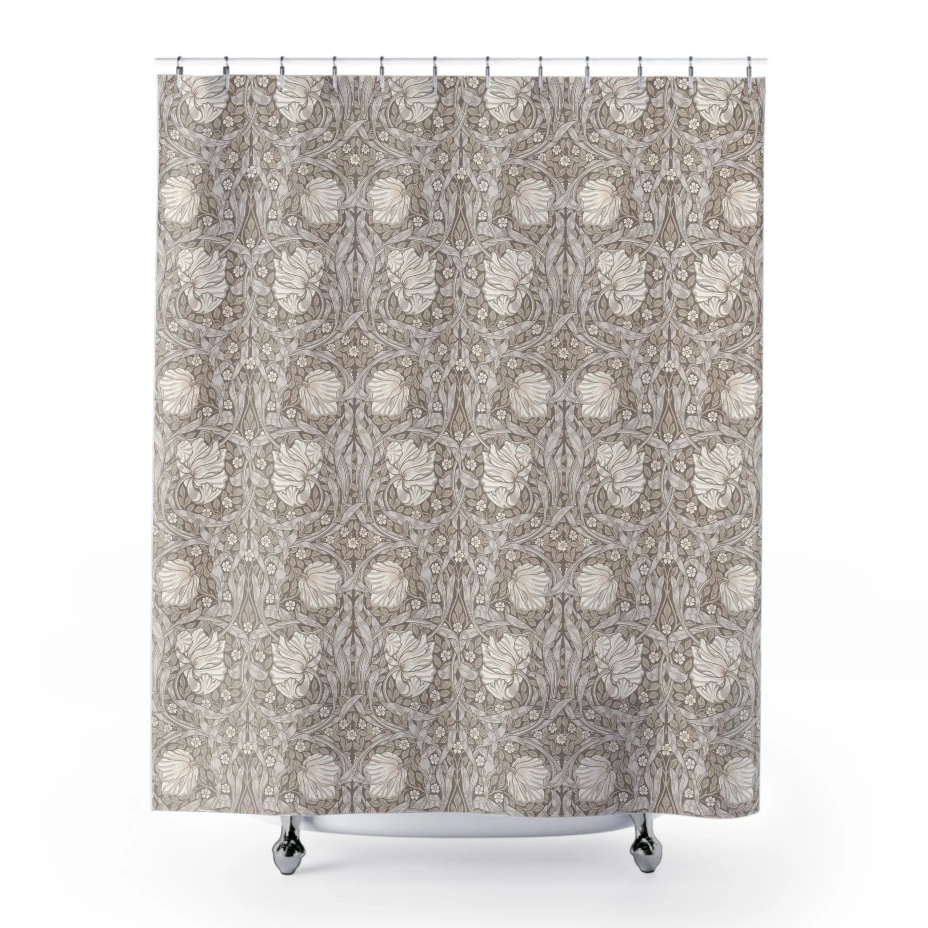 William Morris shower curtain with floral Pimpernel pattern on a white background