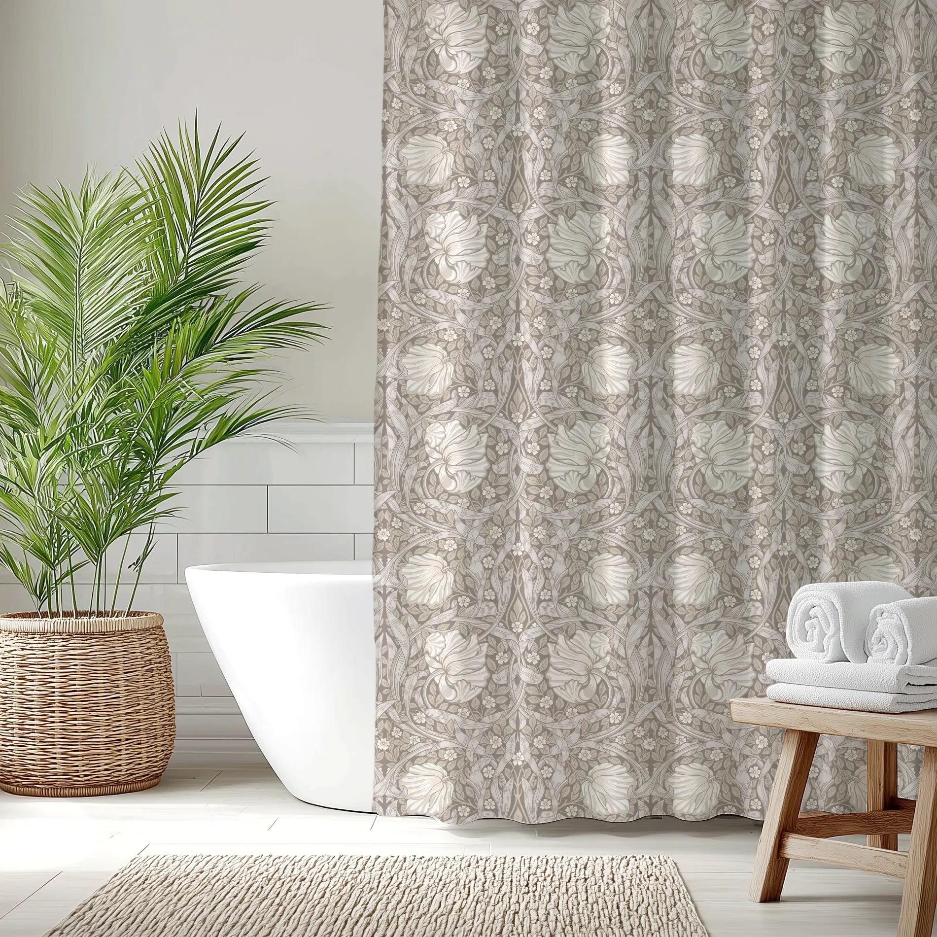Bathroom with a floral-patterned William Morris Pimpernel shower curtain, white bathtub, and wooden table with towels.