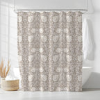 William Morris shower curtain featuring an intricate Arts and Crafts botanical pattern styled in a modern bathroom, perfect for heritage revival and cottagecore decor.