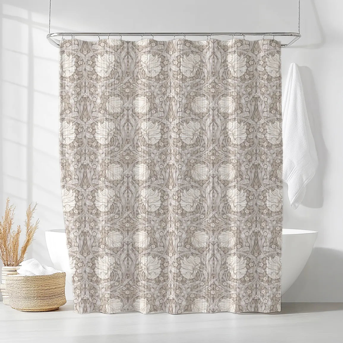 William Morris shower curtain featuring an intricate Arts and Crafts botanical pattern styled in a modern bathroom, perfect for heritage revival and cottagecore decor.