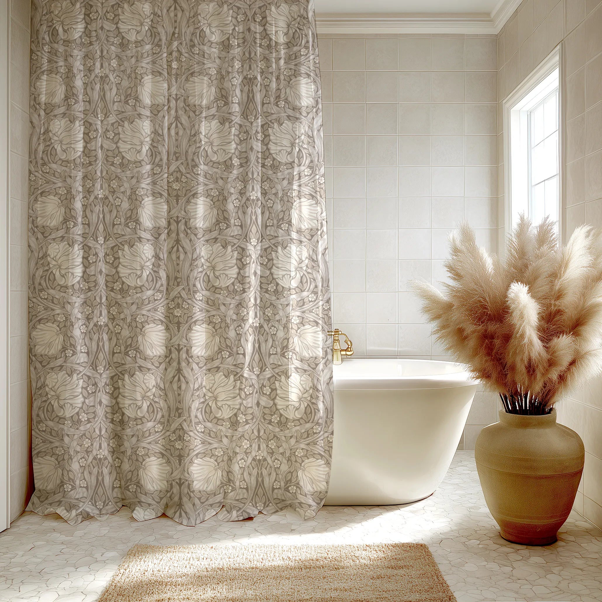 Bathroom with a William Morris shower curtain in soft beige Pimpernel pattern, freestanding bathtub, and decorative vase with pampas grass.