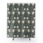 William Morris Pimpernel shower curtain in deep sage green and cream, presented on a white background