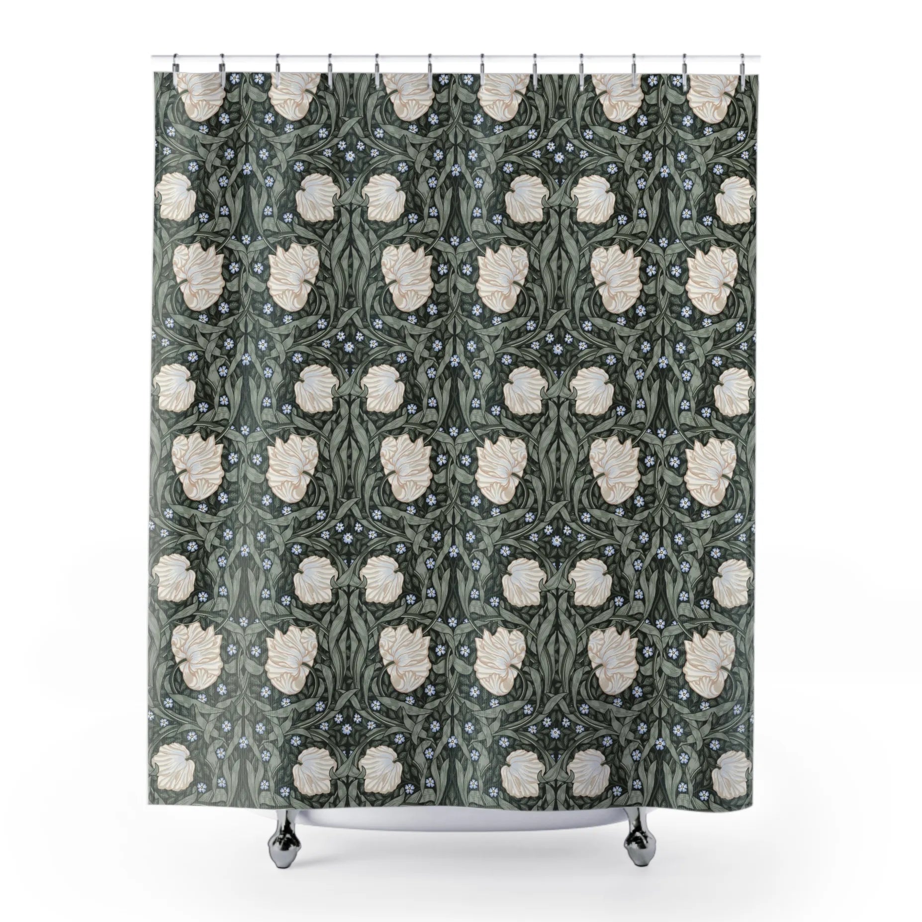 William Morris Pimpernel shower curtain in deep sage green and cream, presented on a white background
