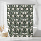 William Morris shower curtain featuring an intricate Arts and Crafts botanical pattern Pimpernel in sage green and cream, styled in a modern bathroom, perfect for heritage revival and cottagecore decor.