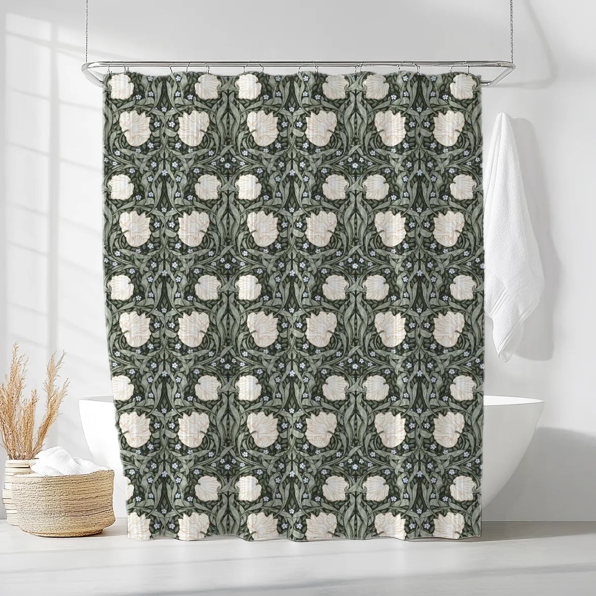 William Morris shower curtain featuring an intricate Arts and Crafts botanical pattern Pimpernel in sage green and cream, styled in a modern bathroom, perfect for heritage revival and cottagecore decor.