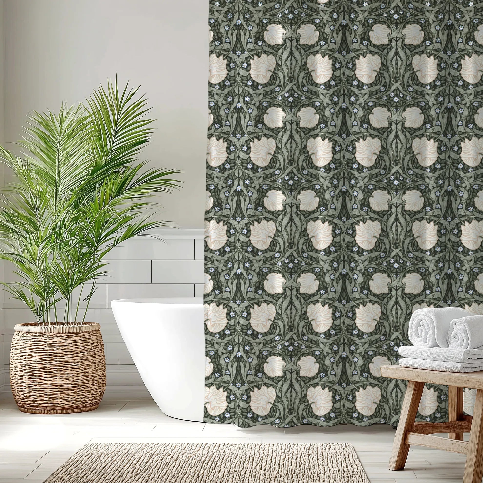 Bathroom with a William Morris shower curtain in deep sage green Pimpernel patten , a tropical plant, and bathtub.
