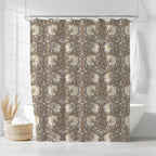 William Morris shower curtain with Pimpernel floral pattern in a neutral cozy cocoa colorway in a bathroom setting