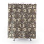 William Morris Pimpernel shower curtain with a floral design on a white background