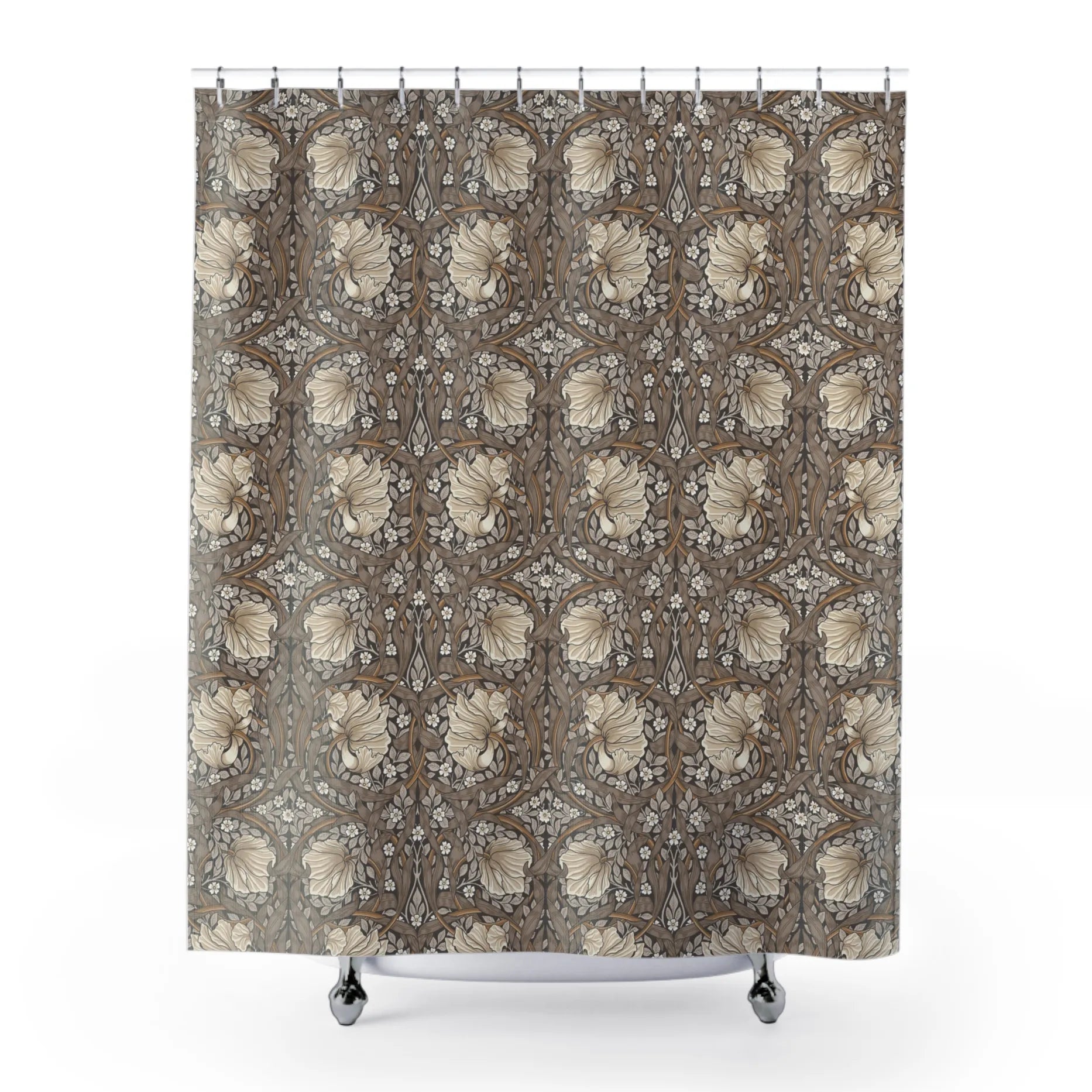 William Morris Pimpernel shower curtain with a floral design on a white background