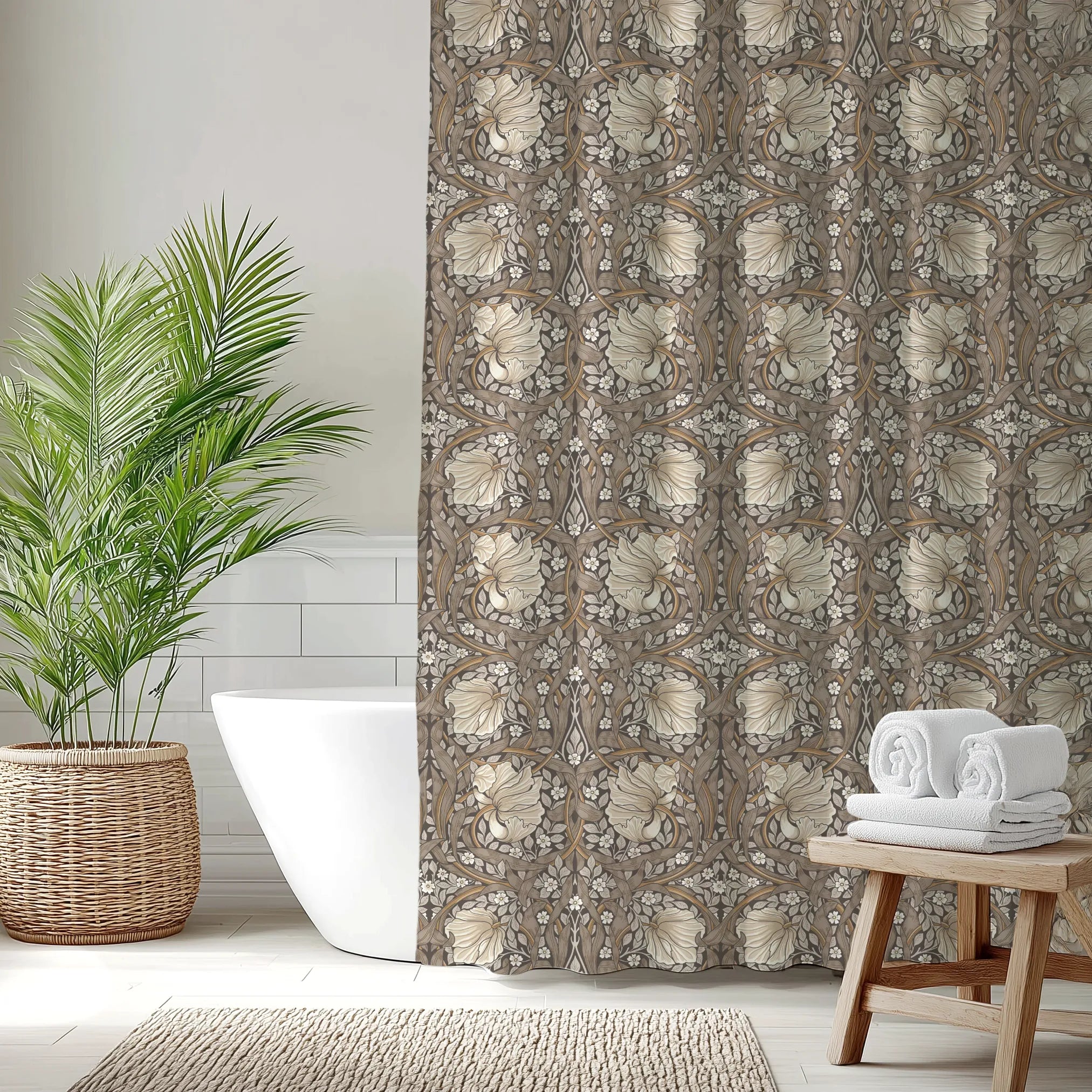 Bathroom with a William Morris shower curtain in beige tones, white bathtub, and wooden stool with towels.