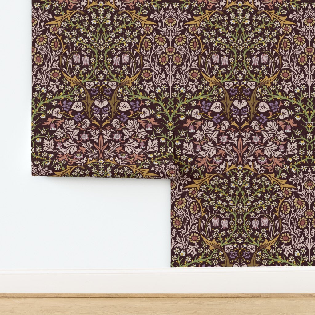 William Morris Blackthorn wallpaper in maroon shown in a tiled panel layout, illustrating the repeating Arts and Crafts botanical pattern and scale.