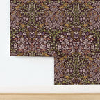 William Morris Blackthorn wallpaper in maroon shown in a tiled panel layout, illustrating the repeating Arts and Crafts botanical pattern and scale.