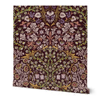 William Morris Blackthorn wallpaper in maroon featuring an intricate Arts and Crafts botanical pattern with blossoms and flowing vines, ideal for heritage revival and English country interiors.