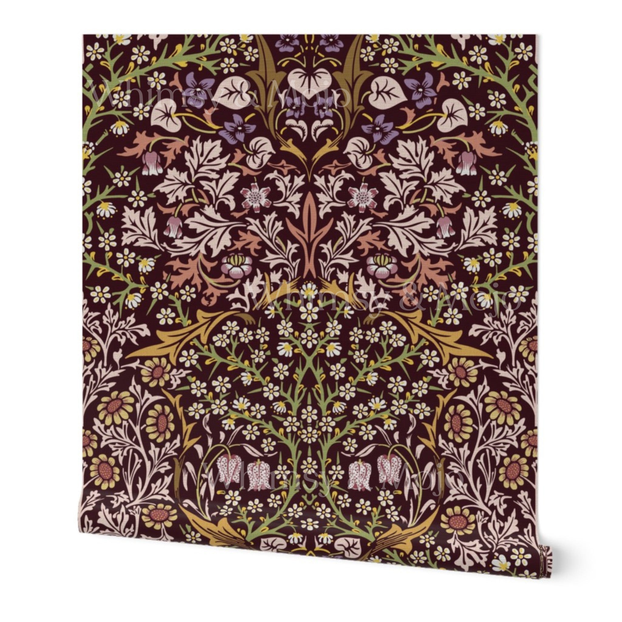 William Morris Blackthorn wallpaper in maroon featuring an intricate Arts and Crafts botanical pattern with blossoms and flowing vines, ideal for heritage revival and English country interiors.